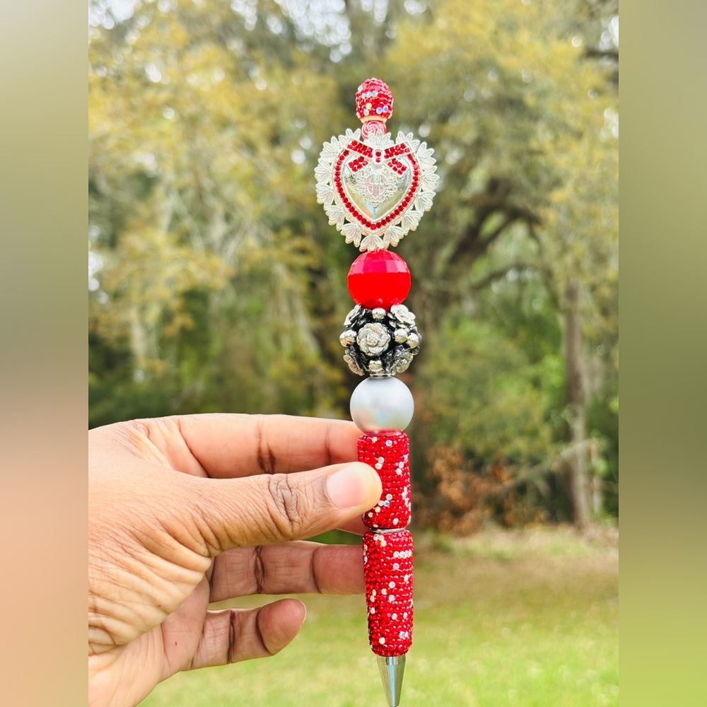 Handcrafted Rhinestone Red Pen with Heart Accent - Picture 2 of 4